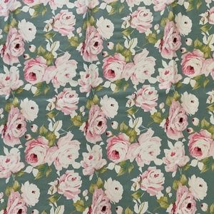 OILCLOTH FABRIC SHABBY CHIC WITH ROSES PINK, WHITE AND SEAFOAM BLUE BACKGROUND